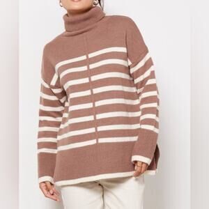 Line and Dot  Oversized Turtleneck Sweater - Brown and Cream Striped - Large